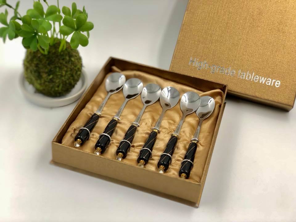 Thanh lý; Bộ 6 thìa inox cán sứ KORIN Nhật bản (mã 0396) - Đen
