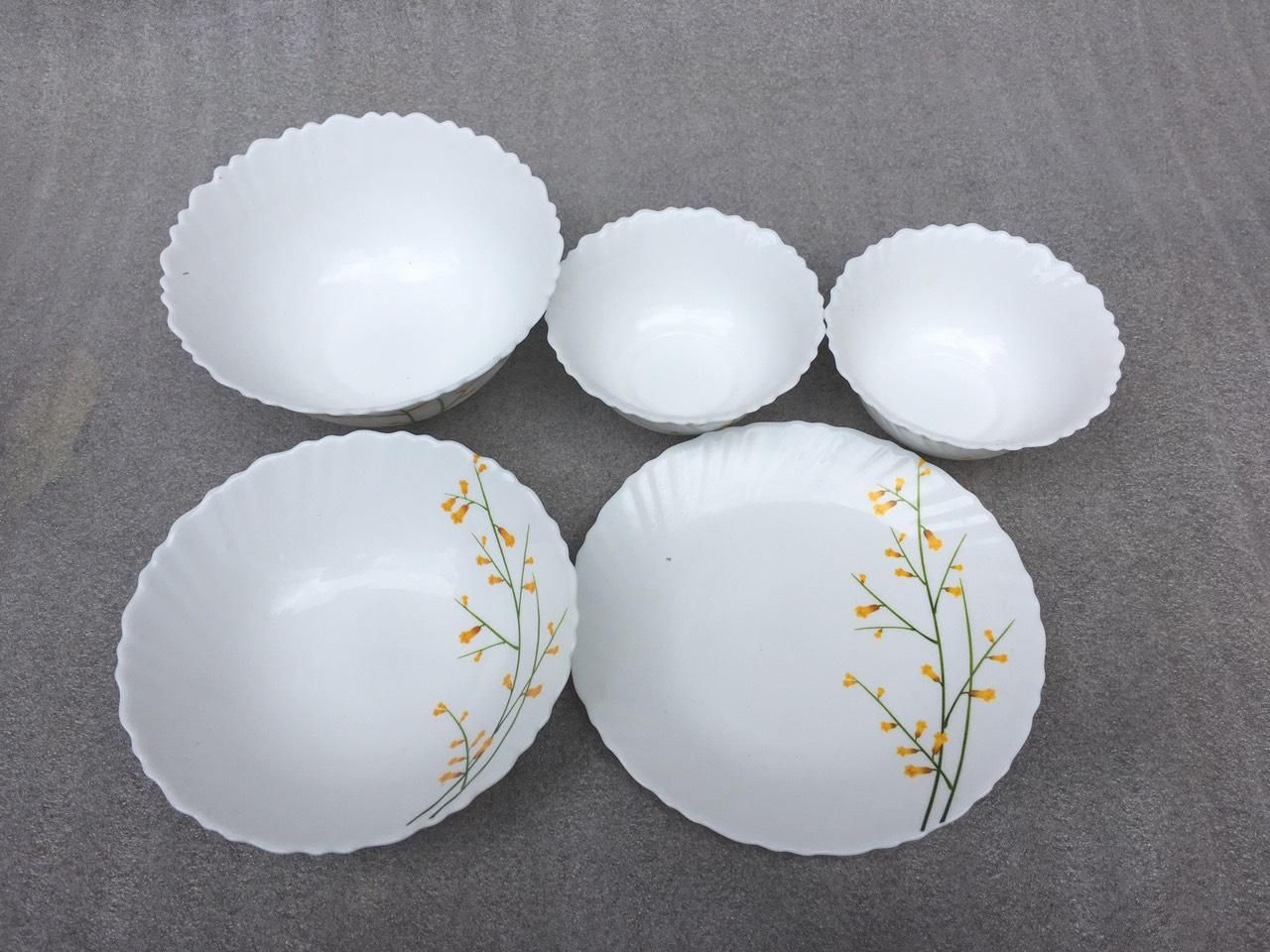 Set 5 món bát đĩa thuỷ tinh opal Royal Stuart Ấn Độ - hoa vàng