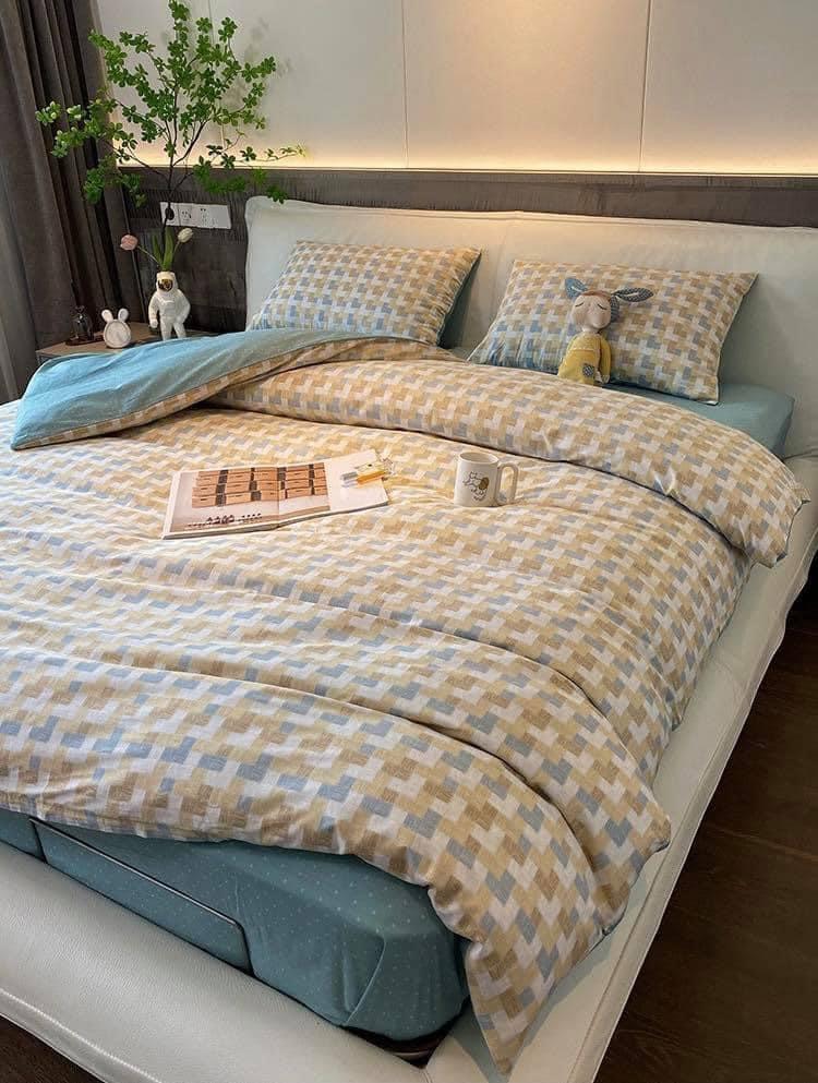 Bộ vỏ chăn, ga trần, vỏ gối Cotton Living - Size 2.2 x 2m - M6 caro xanh vàng