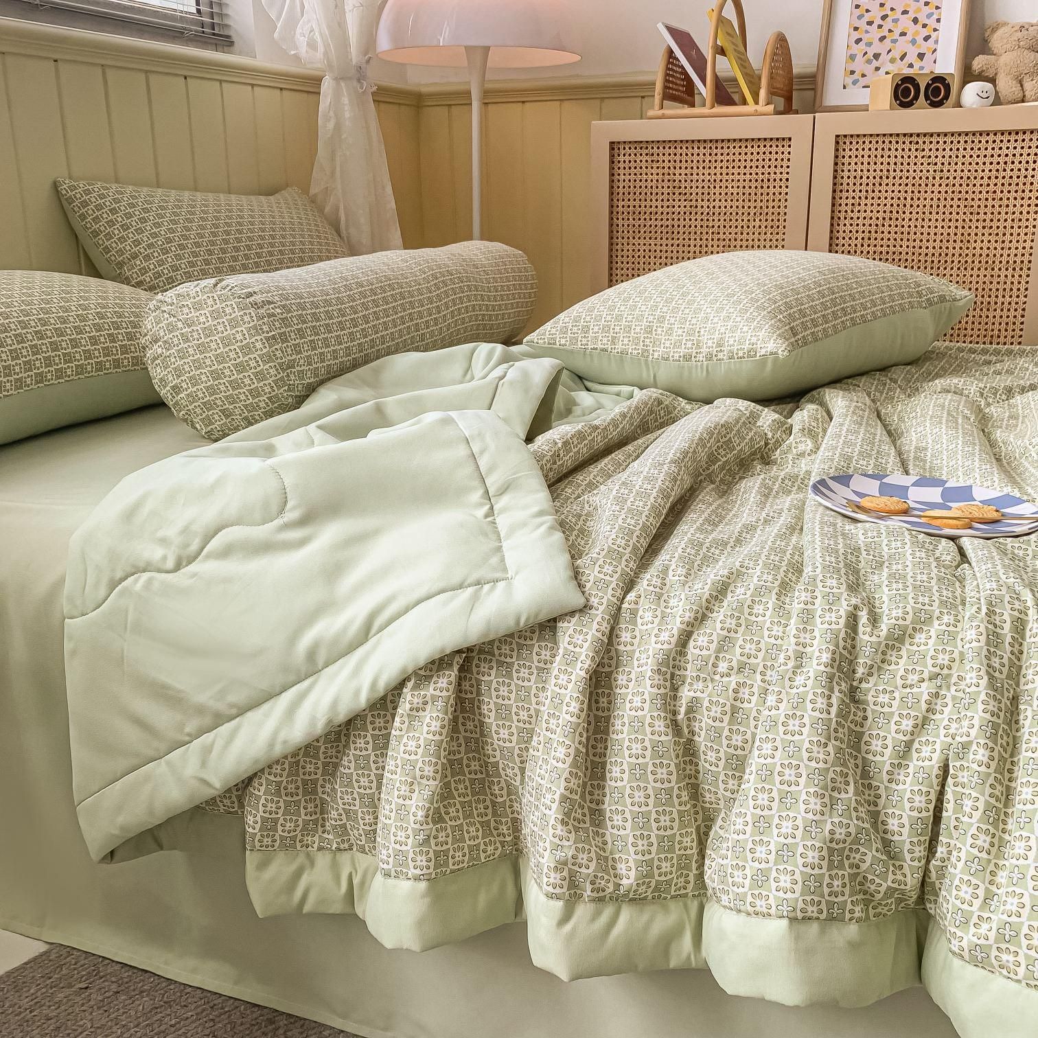 Bộ cotton đũi 5 món (chăn trần, ga, gối ôm, 2 vỏ gối) - Xanh cốm