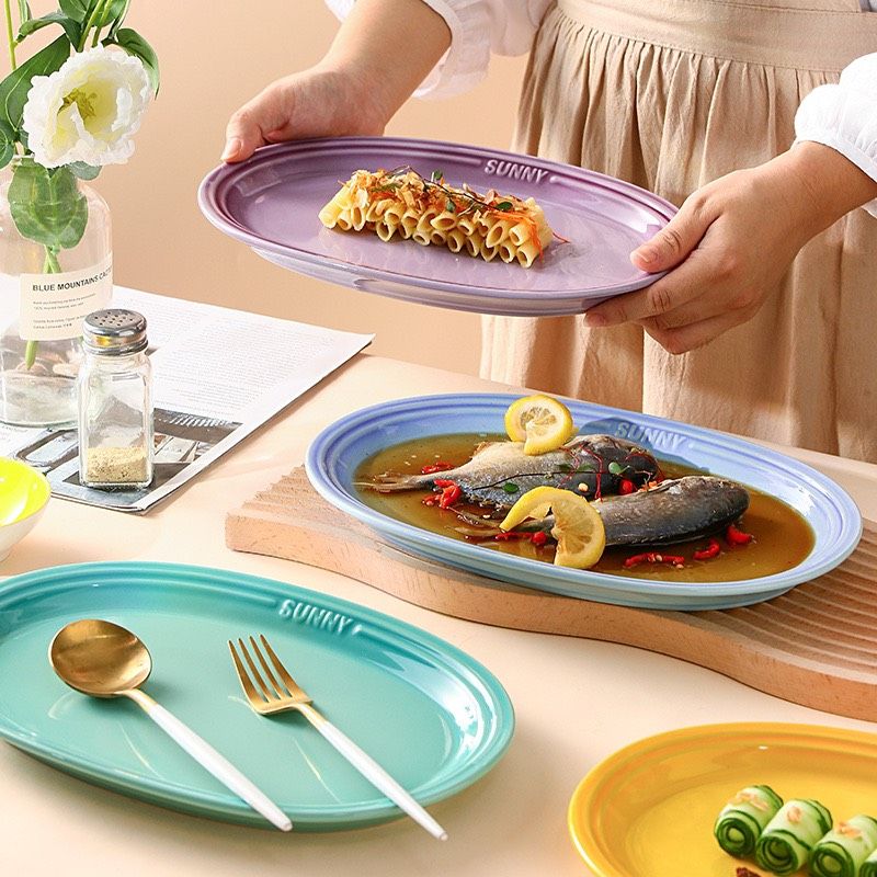 Đĩa sứ oval size lớn Sunny 30x20cm - xanh Mint