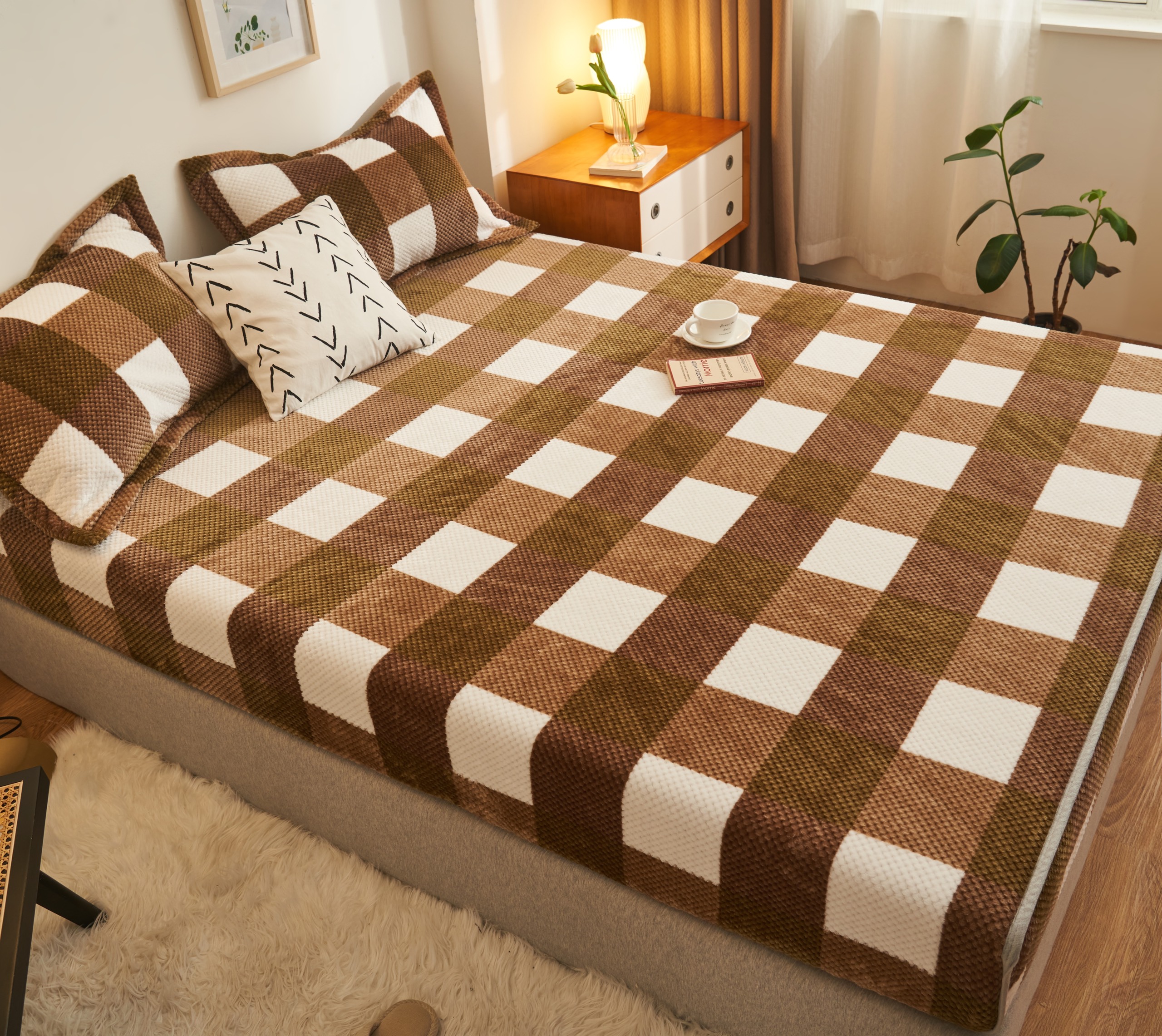 Bộ ga, vỏ gối lông thỏ Kirkland xuất Mỹ - size 2.2 x2m - Kẻ Nâu