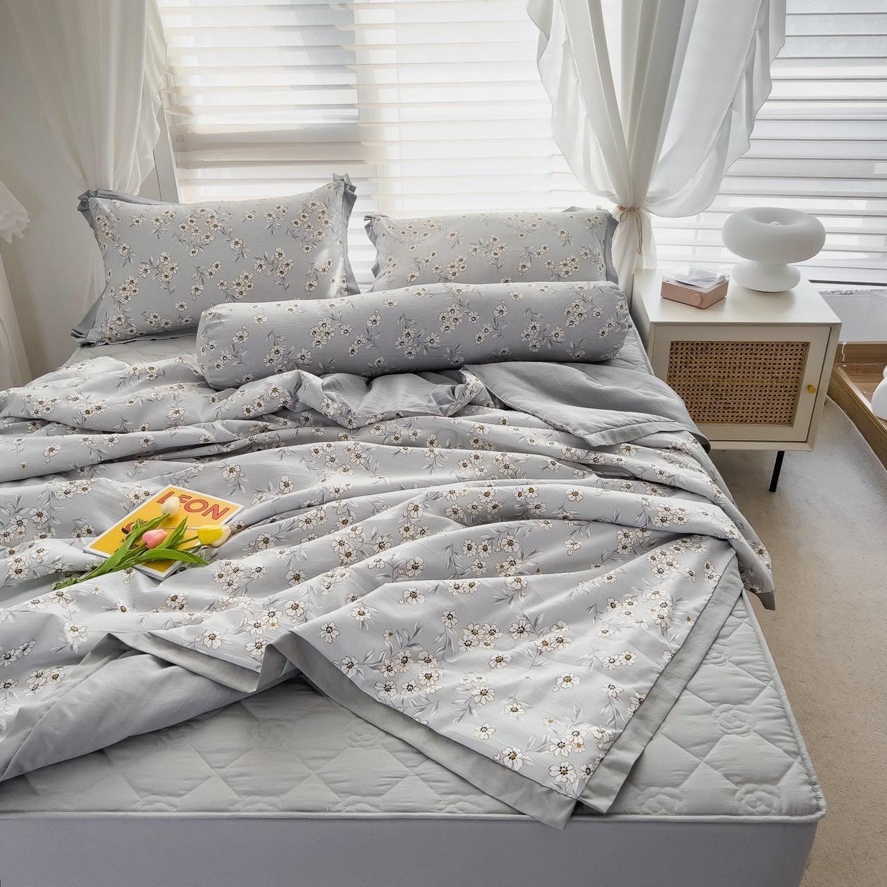 Bộ chăn hè, ga trần, vỏ gối 5 món cotton đũi - size 2.2 x 2m - Ghi