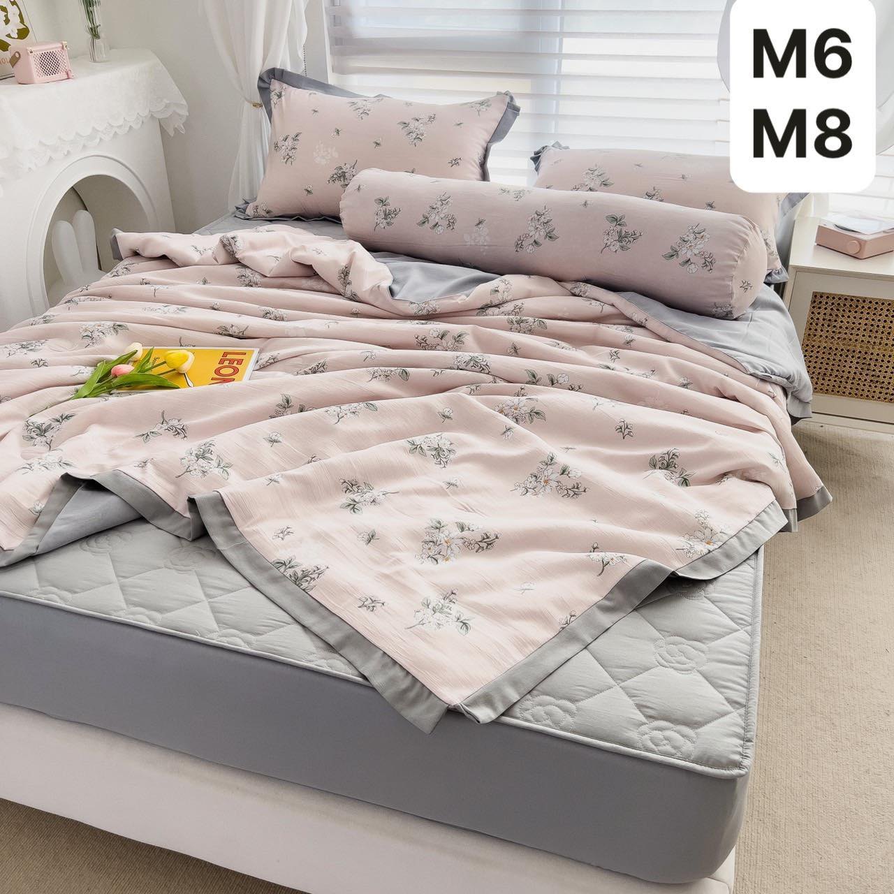 Bộ chăn hè, ga trần, vỏ gối 5 món cotton đũi - size 1.6 x 2m - Hồng