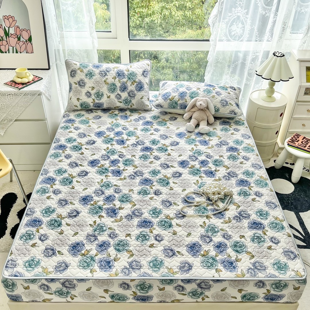 Chiếu cao su Tencel bo chun mẫu hoa hồng xanh - Size 1.8 x 2m