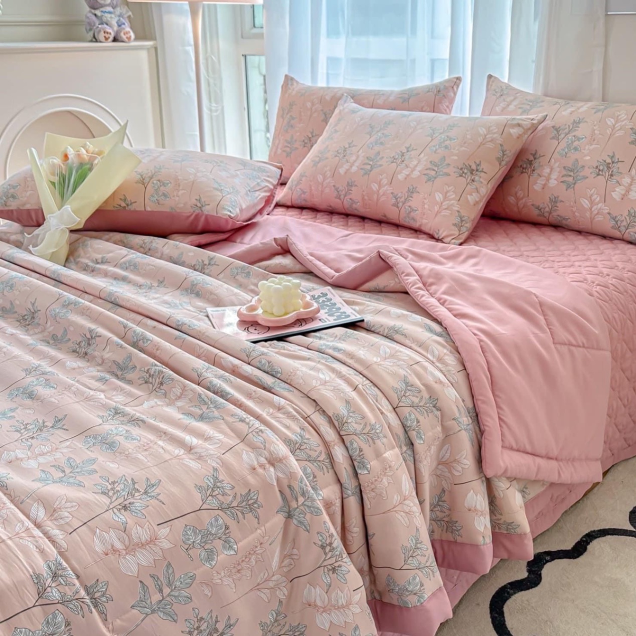 Bộ chăn hè, ga trần full 5 món cotton đũi - Size 1.6 x 2m - Lá Hồng