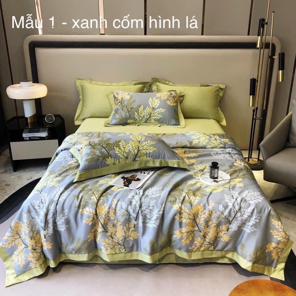 Bộ chăn trần, ga, vỏ gối lụa Thái 40s (lá mẫu me xanh)