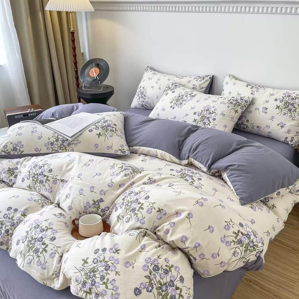 Bộ 4 món cotton đũi (1 vỏ chăn, 2 vỏ gối, 1 ga chun) - Size 2.2 x 2m - Ga Tím