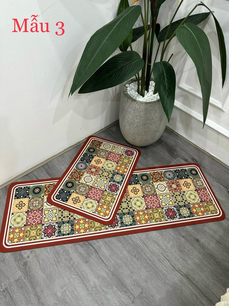 Set 2 thảm bếp silicon chống trơn trượt - Mẫu 3 (thổ cẩm viền đỏ)