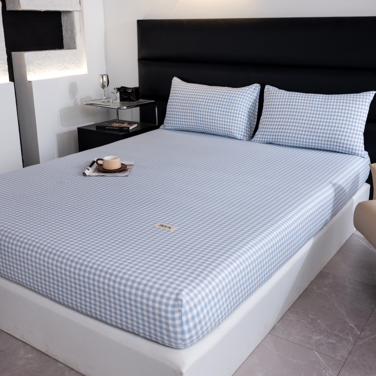 Bộ ga chun + 2 vỏ gối cotton đũi màu xanh caro nhỏ - Size 1.8 x 2m