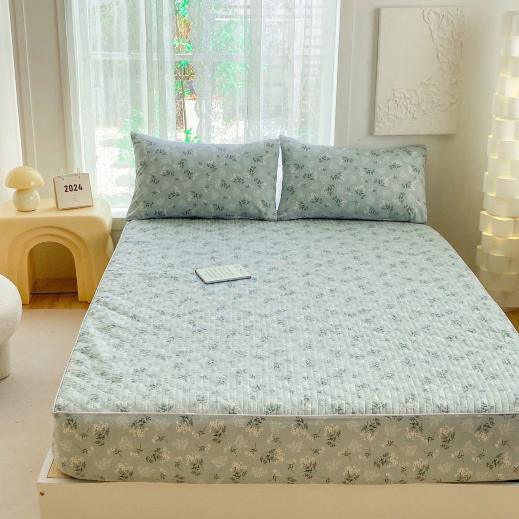 Bộ ga trần + 2 vỏ gối cotton living - mẫu cỏ ngọc