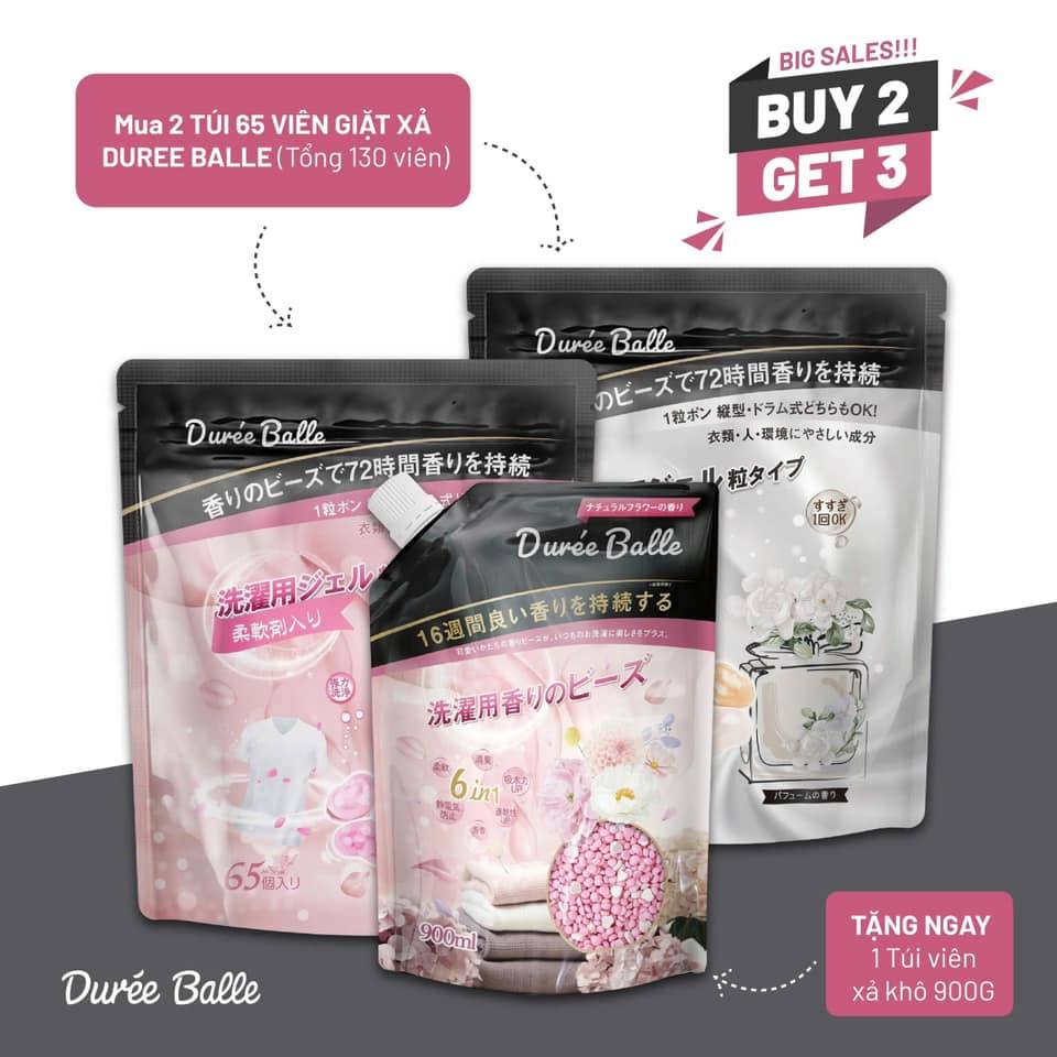 SET loại 3: Combo 2 gói viên giặt Duree ball mix mùi (65 viên/ gói) + Tặng 1 gói xả khô màu ngẫu nhiên 900ml