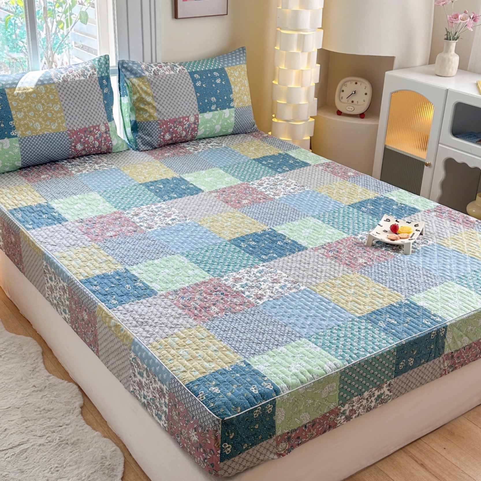 Bộ ga trần + 2 vỏ gối cotton living mẫu ô vuông màu sắc
