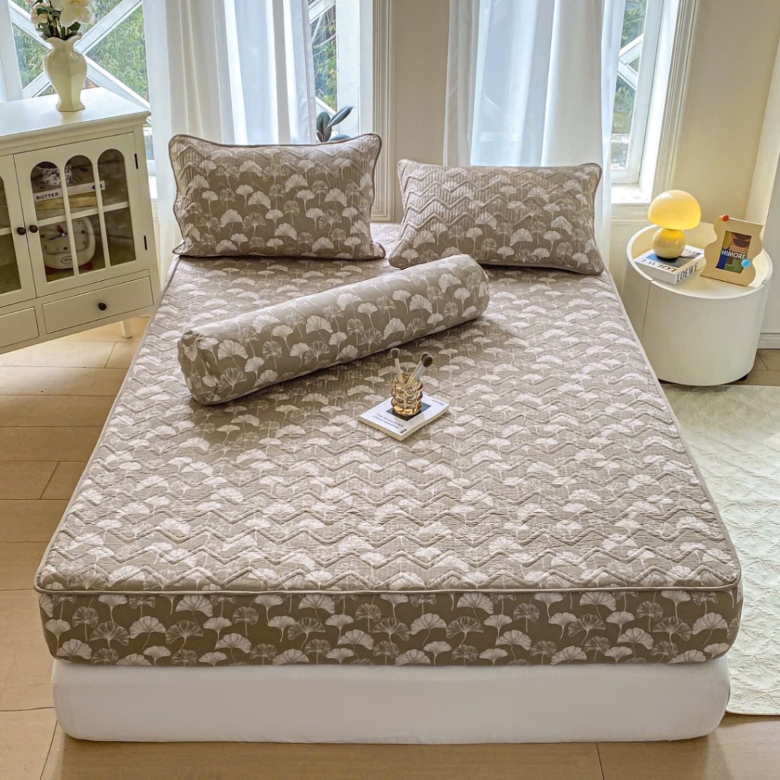 Bộ ga trần và vỏ gối 4 món cotton đũi mẫu dẻ quạt nâu
