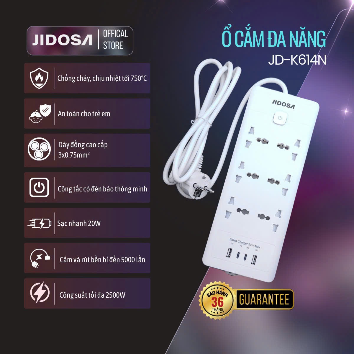 Ổ điện đa năng 6 ổ cắm JIDOSA K614N