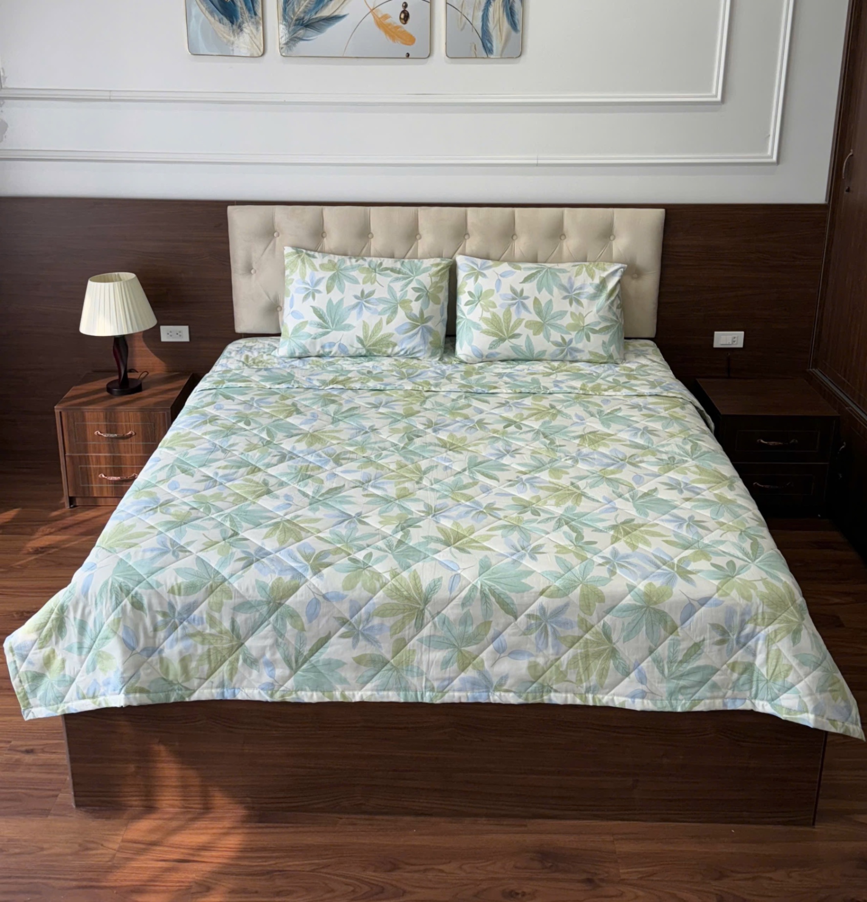 Chăn bông chần cotton 100% Kawa Nhật - size 2m x 2.2m - Lá xanh