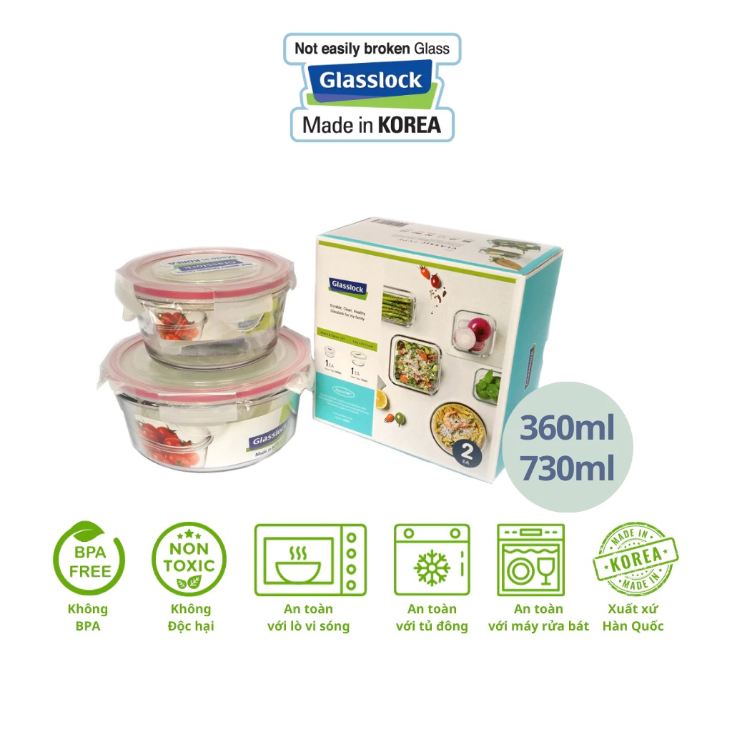 Bộ hộp thủy tinh tròn 2 món 360 + 730ml GLASSLOCK GL1471