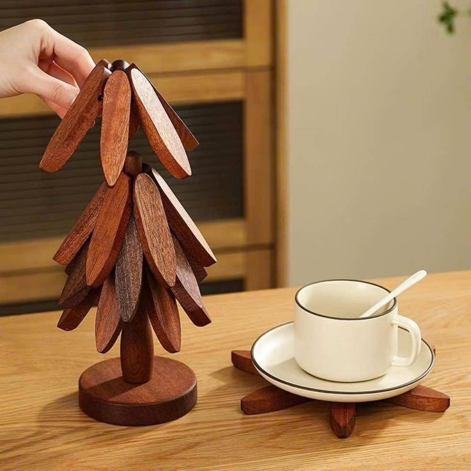 Bộ 5 miếng lót cốc, chén, bát, nồi bằng gỗ kèm giá treo