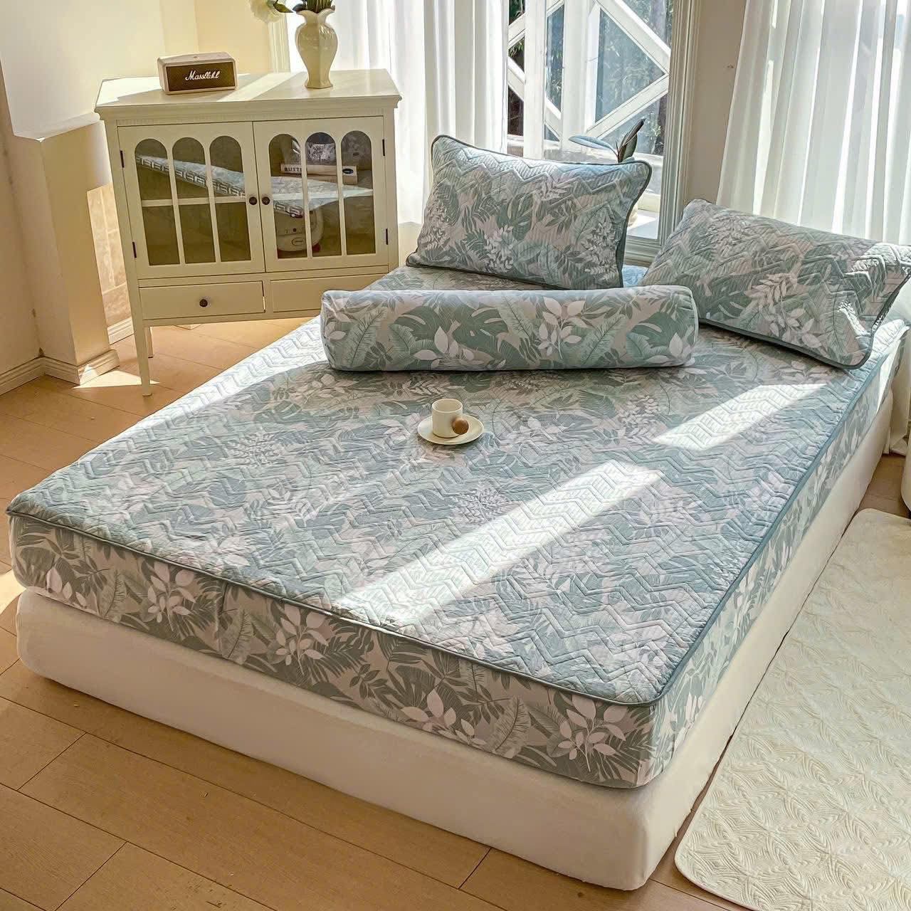 Bộ ga trần và vỏ gối 4 món cotton đũi - màu lá xanh pastel