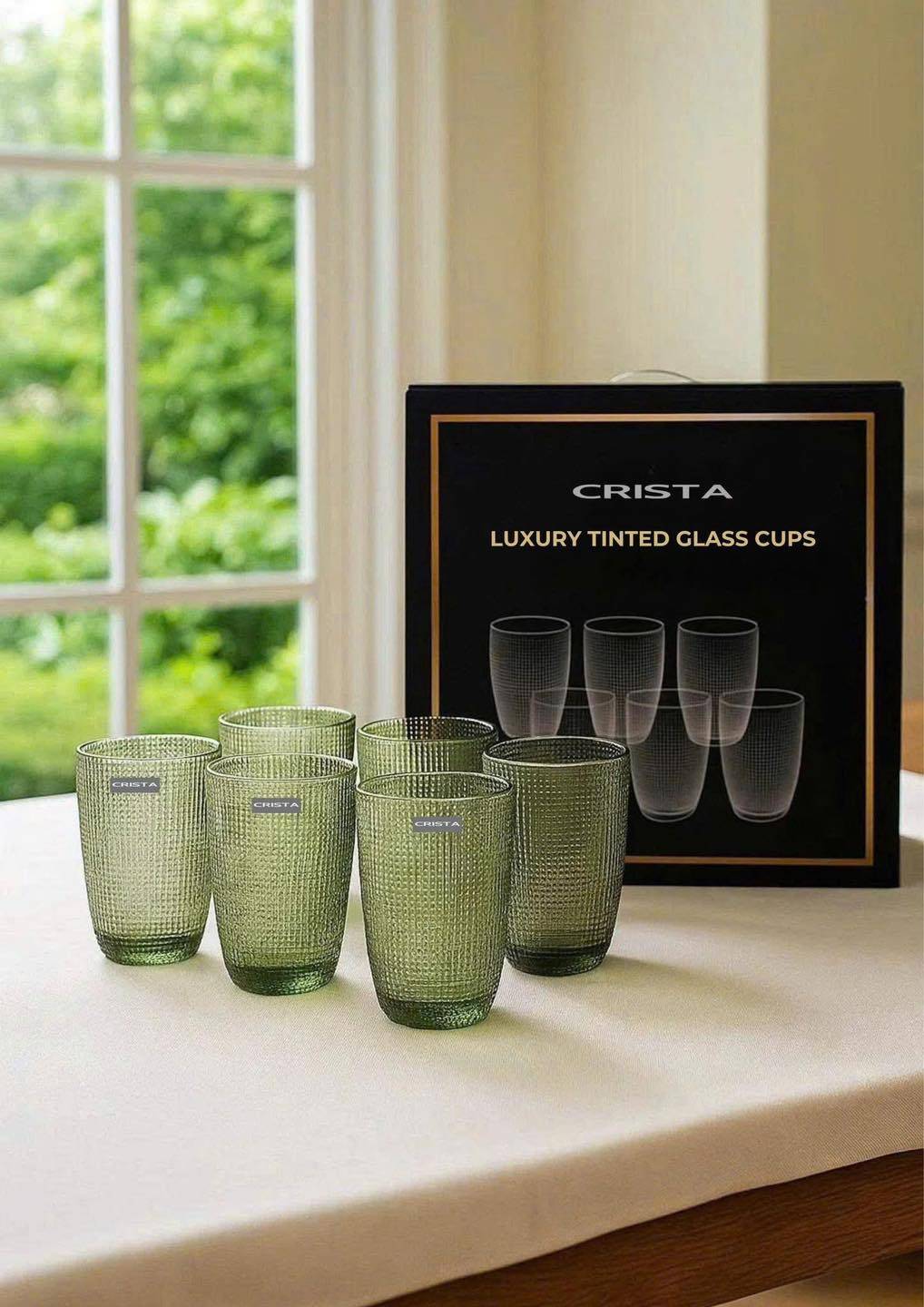 Bộ 6 cốc thuỷ tinh vân lưới dập nổi Crista 420ml - màu xanh