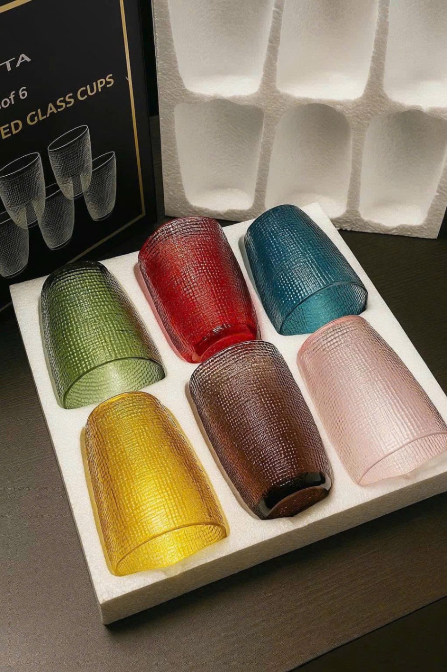 Bộ 6 cốc thuỷ tinh vân lưới dập nổi Crista 420ml - màu sắc