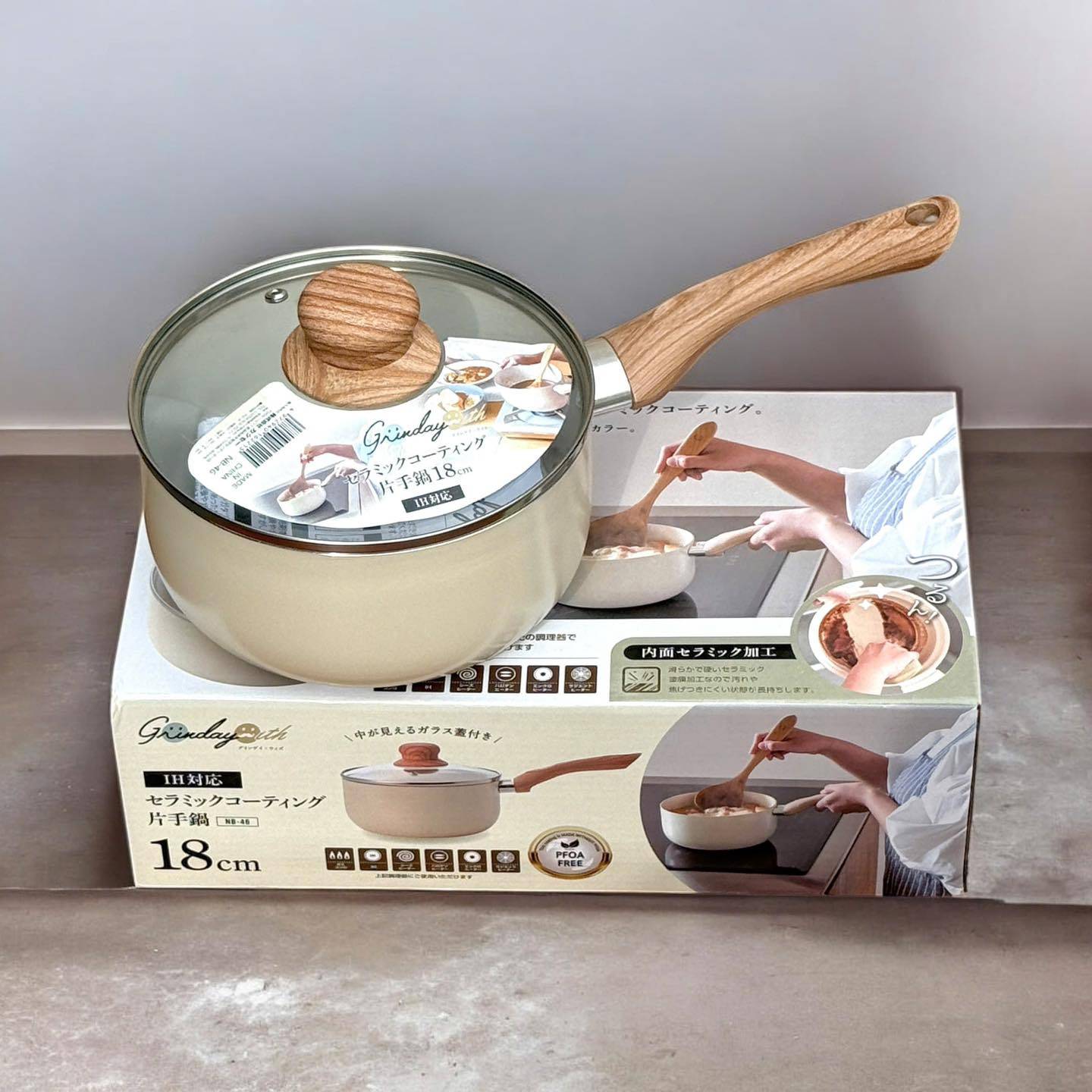 Quánh chống dính ceramic cán gỗ Kakusee Nhật Bản - size 18cm (Grinday cán gỗ)