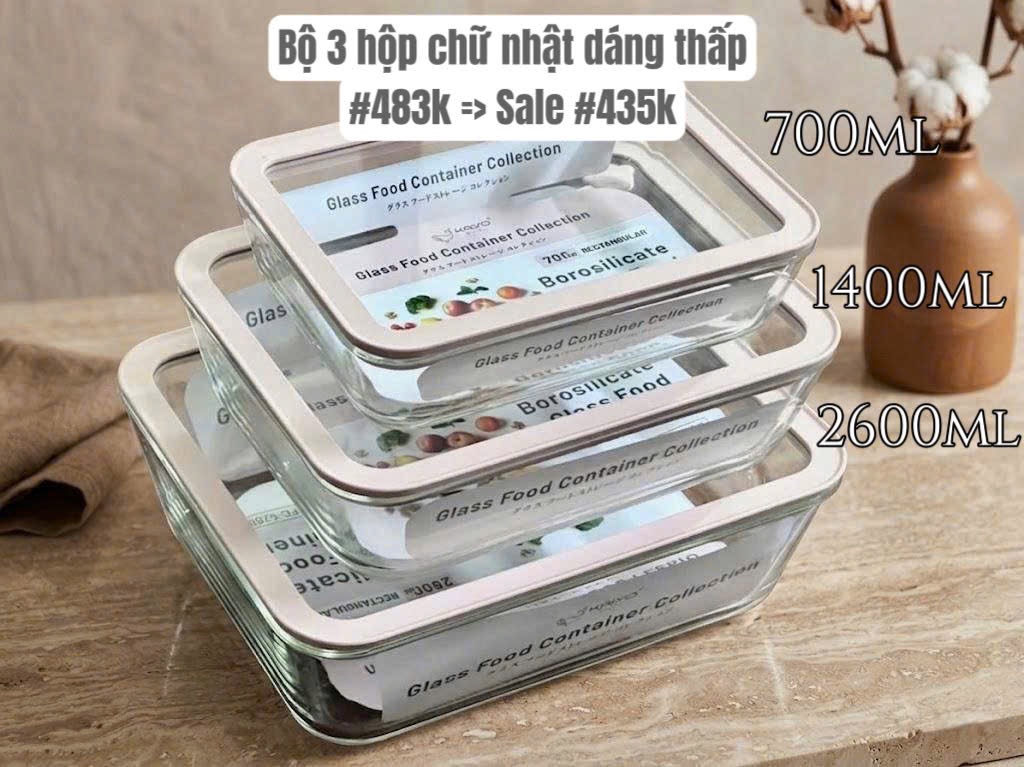 COMBO: 03 HỘP THUỶ TINH KAIYO - CHỮ NHẬT DÁNG THẤP (mã 5264+5271+5288)