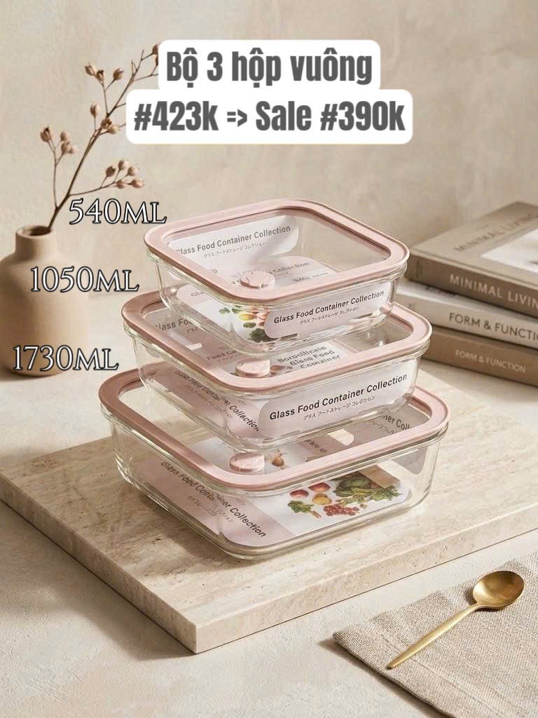 COMBO: 03 HỘP THUỶ TINH KAIYO - HÌNH VUÔNG (mã 5233+5240+5257)
