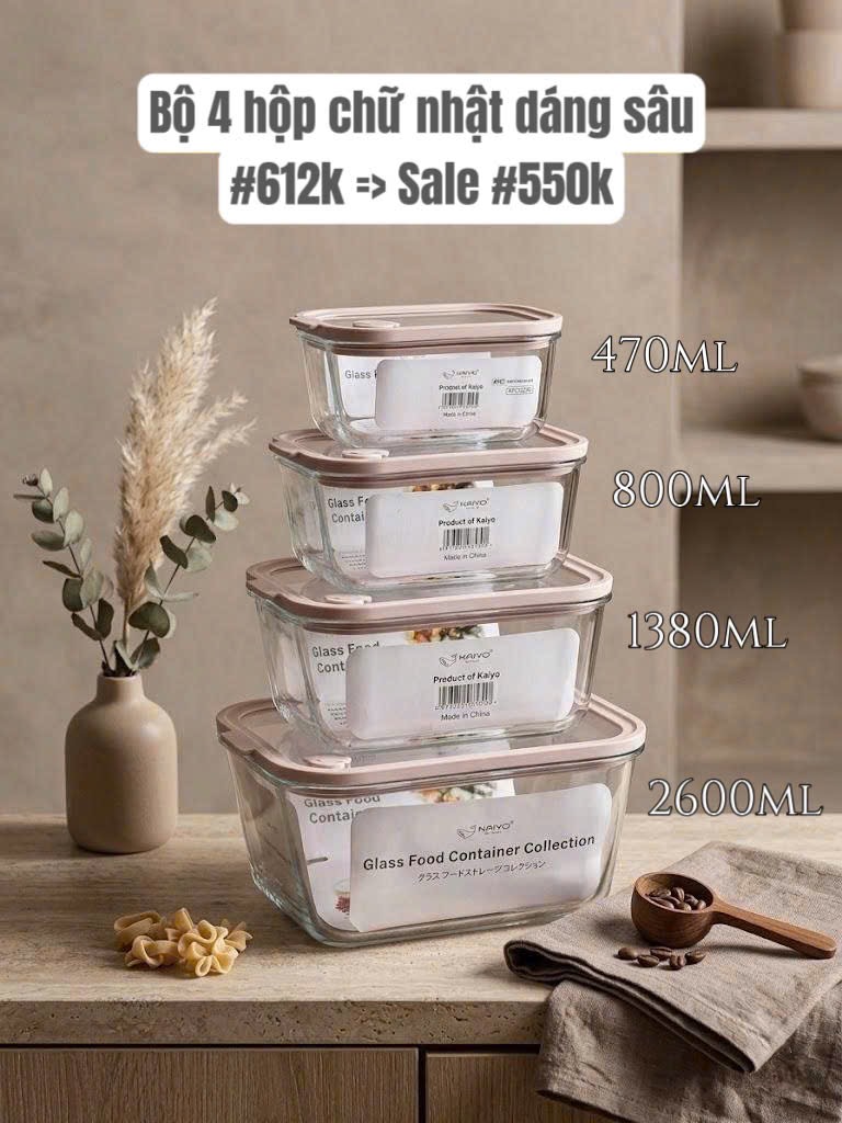 COMBO: 04 HỘP THUỶ TINH KAIYO - CHỮ NHẬT DÁNG SÂU (mã 5295+5301+5318+5325)