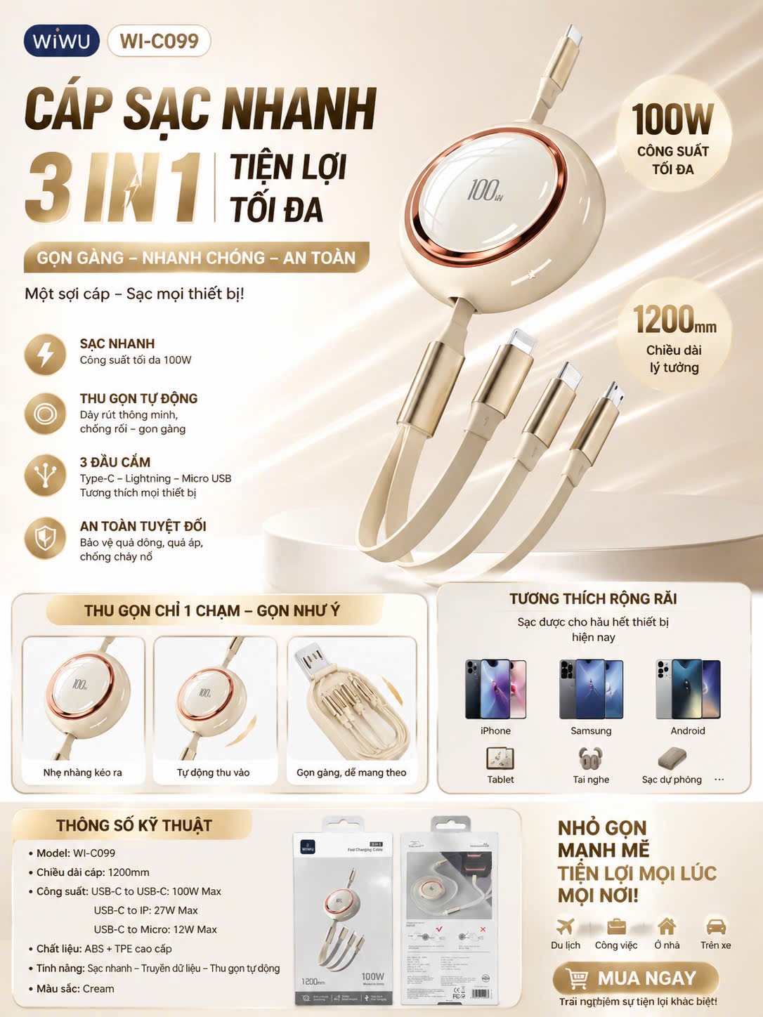 Cáp rút sạc 3in1 WIWU
