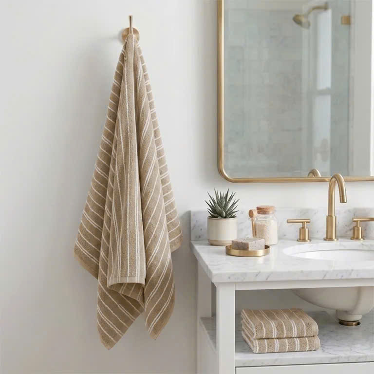 Khăn tắm cotton organic size 70x140 cm - kẻ nâu đậm