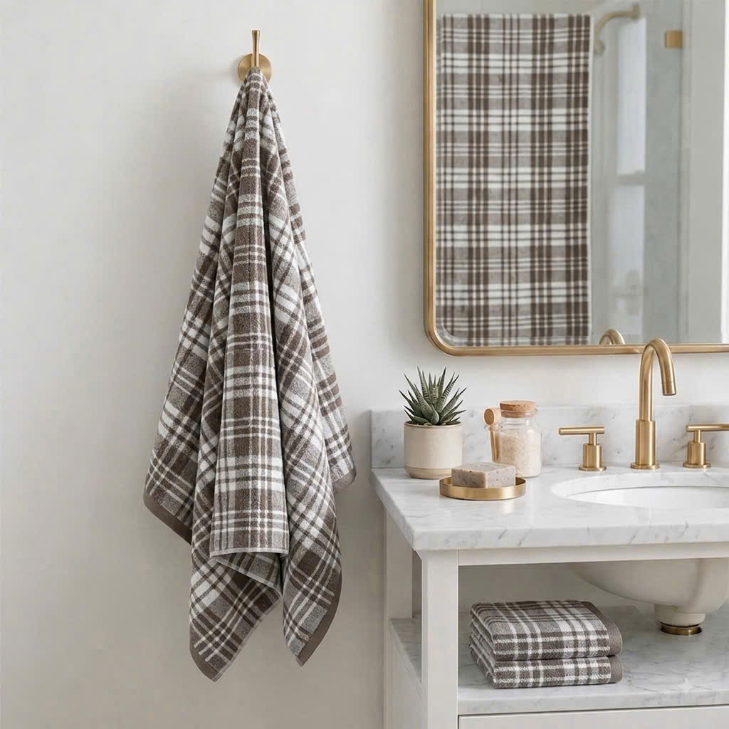 Khăn tắm cotton organic size 70x140 cm - kẻ vuông nâu