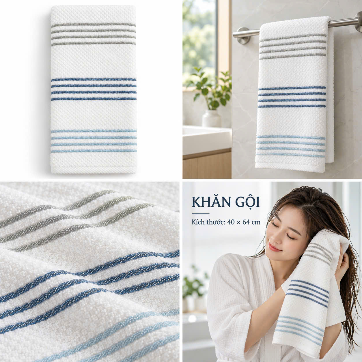 Khăn tắm xuất Mỹ 40x66cm - mẫu kẻ 3 màu