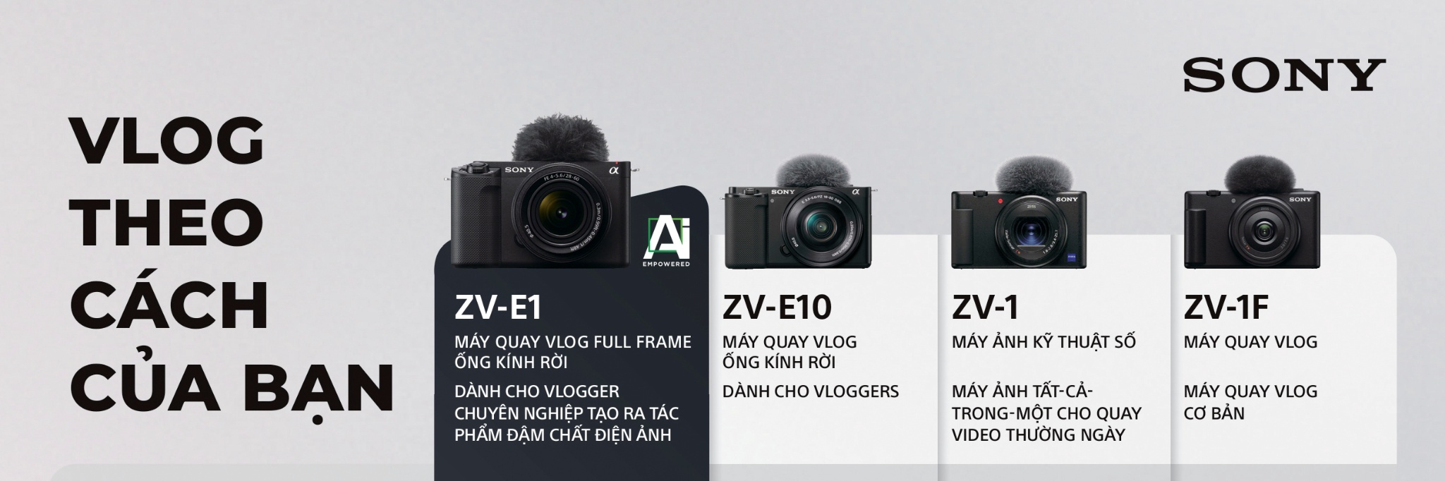 So sánh Máy quay Vlog của Sony : Sony ZV-E1 , Sony ZV-E10, Sony ZV-1 và Sony ZV-1F