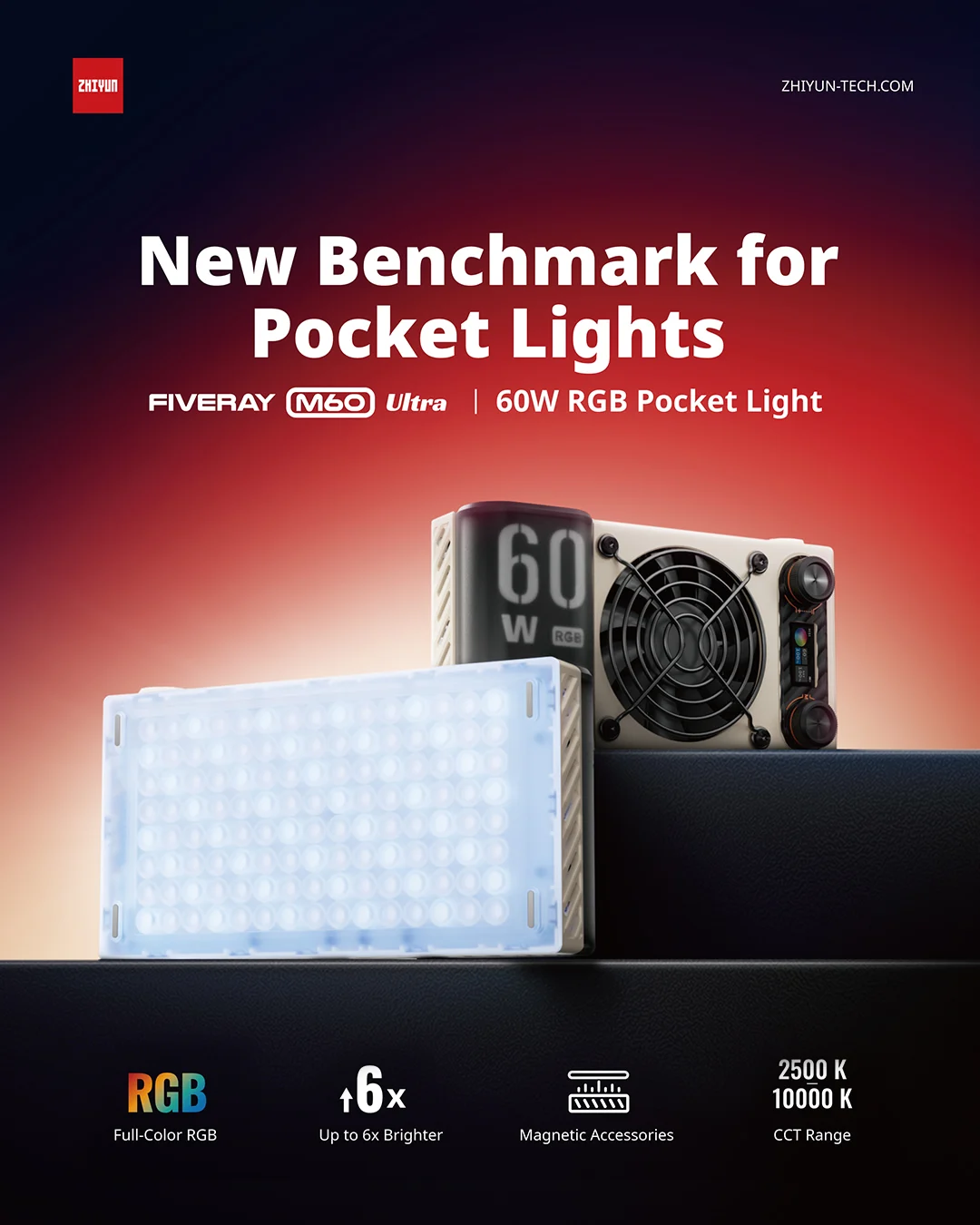 Đèn Trợ Sáng Zhiyun Fiveray M60 Ultra, Đổi Màu RGB, Công Suất 60W (2500K~10000K) Chính Hãng