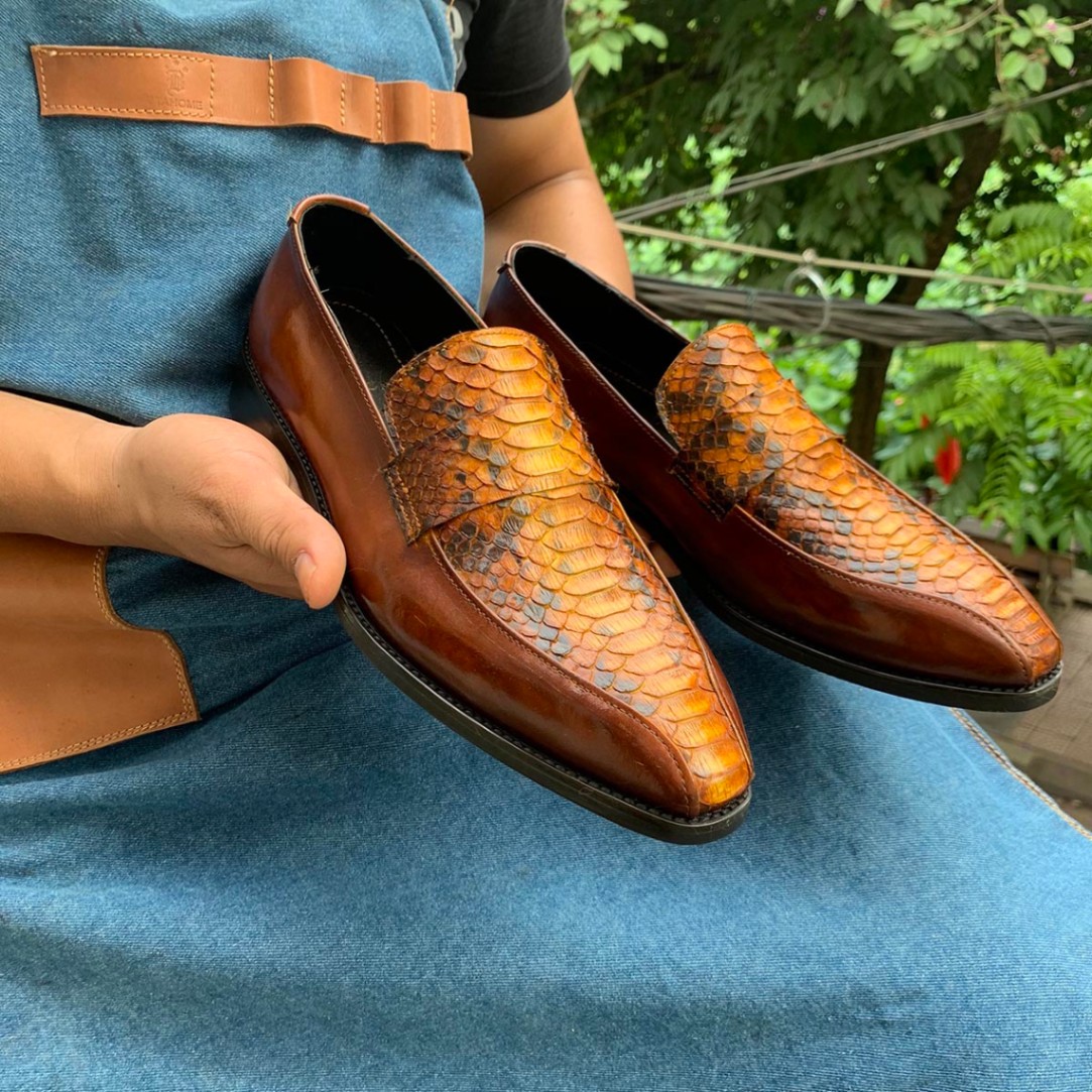 Tan Patina Python Loafers