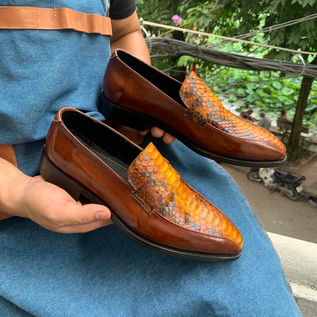 Tan Patina Python Loafers