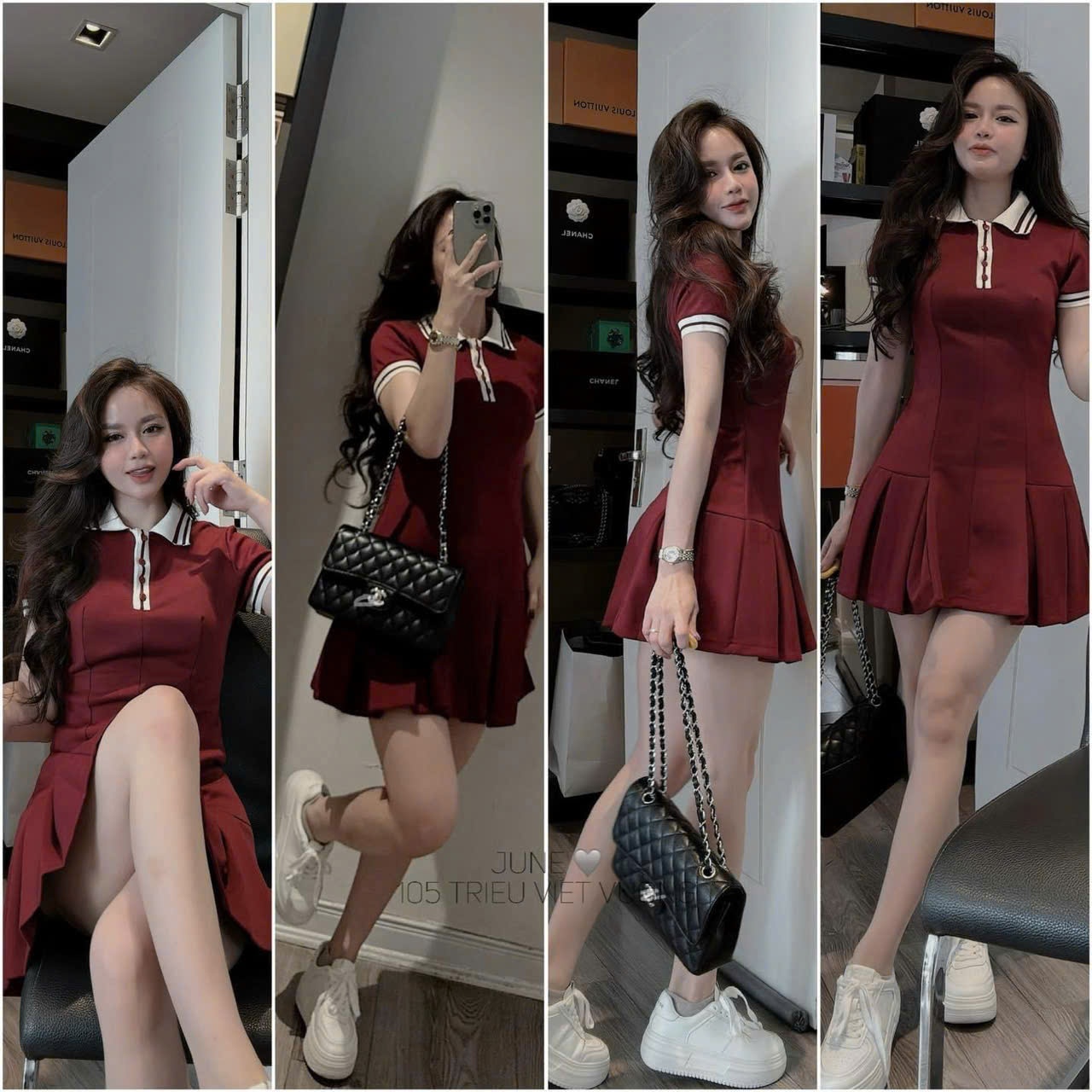 XẢ VÁY ĐỎ NỮ PHA CỔ BE - A223