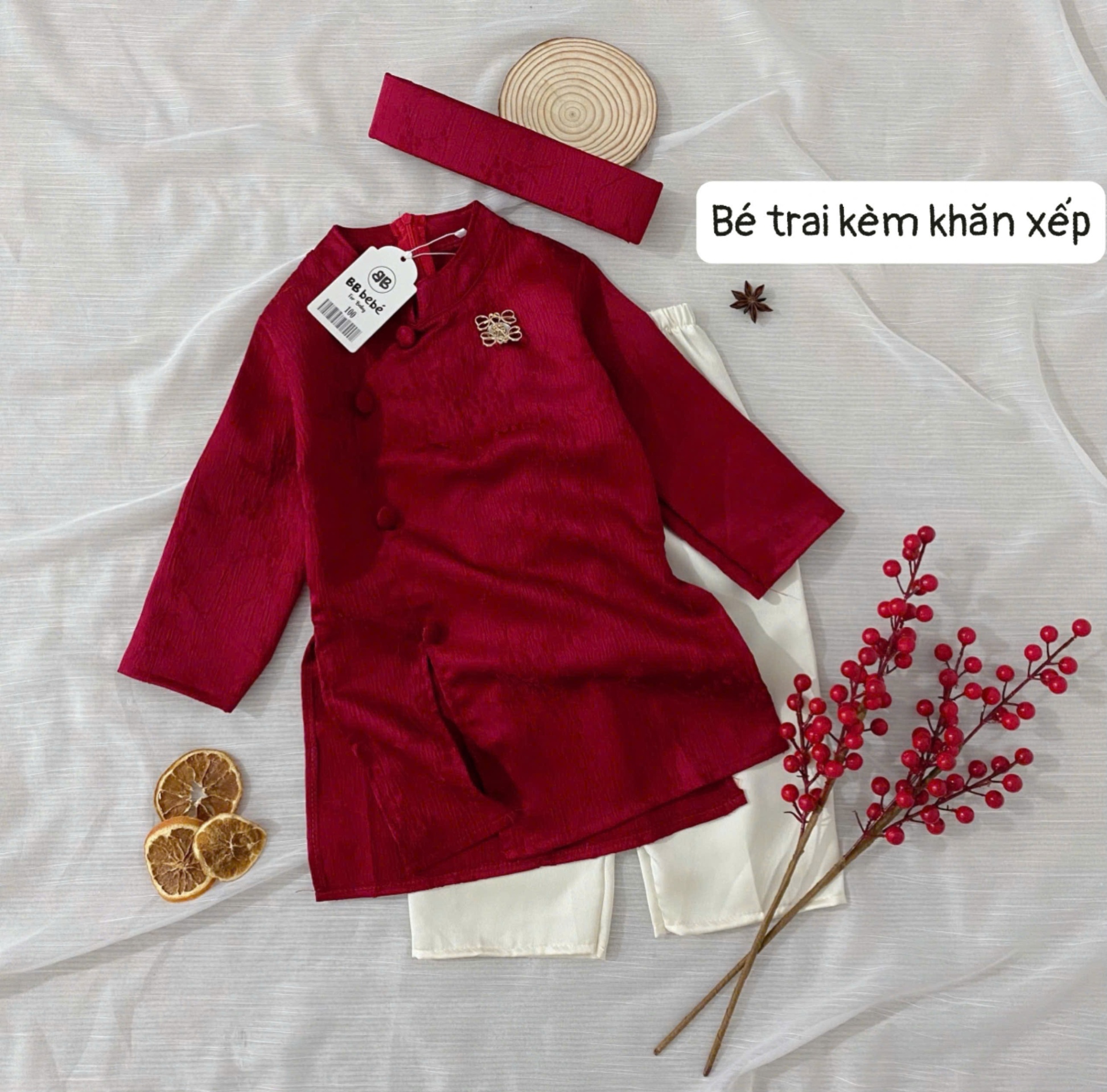 XẢ SET ÁO DÀI GẤM ĐỎ BÉ TRAI BÉ GÁI - B798