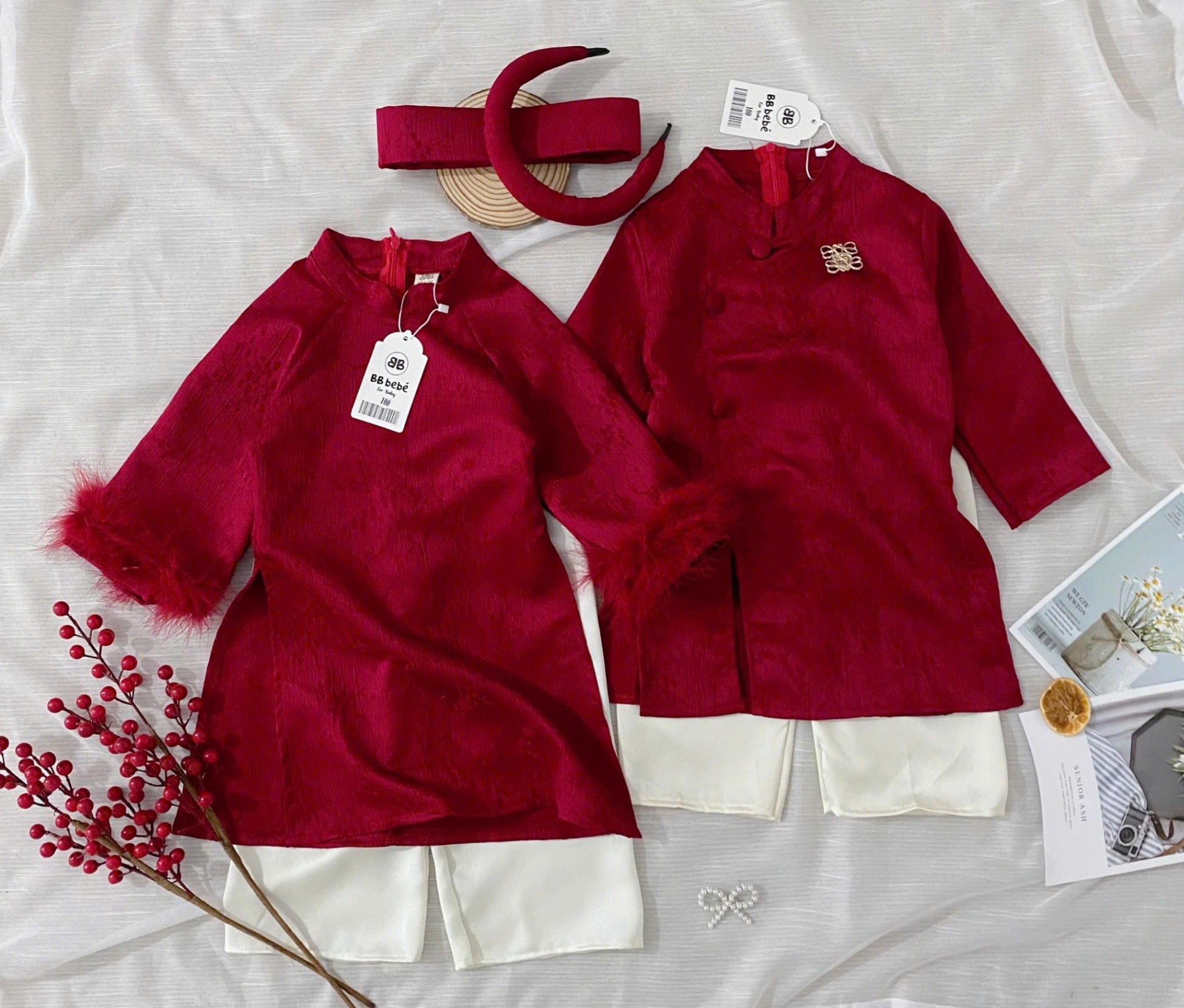 XẢ SET ÁO DÀI GẤM ĐỎ BÉ TRAI BÉ GÁI - B798