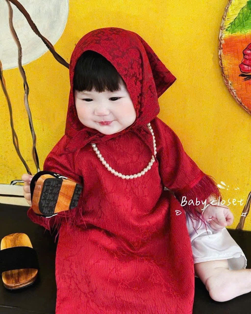 XẢ SET ÁO DÀI GẤM ĐỎ BÉ TRAI BÉ GÁI - B798