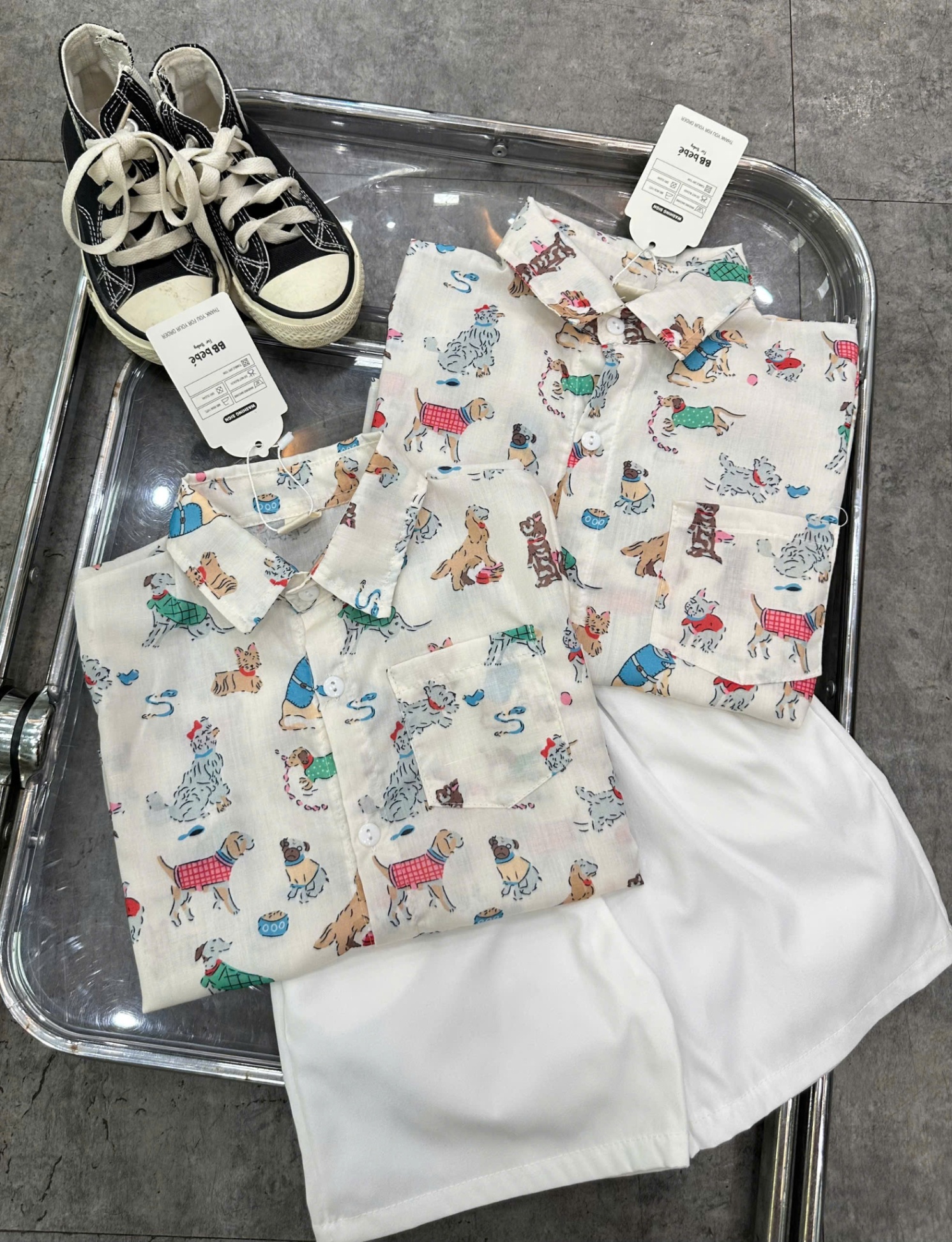 C377 - SET SƠ MI CHÓ NHÍ IN TRÀN QUẦN TRẮNG