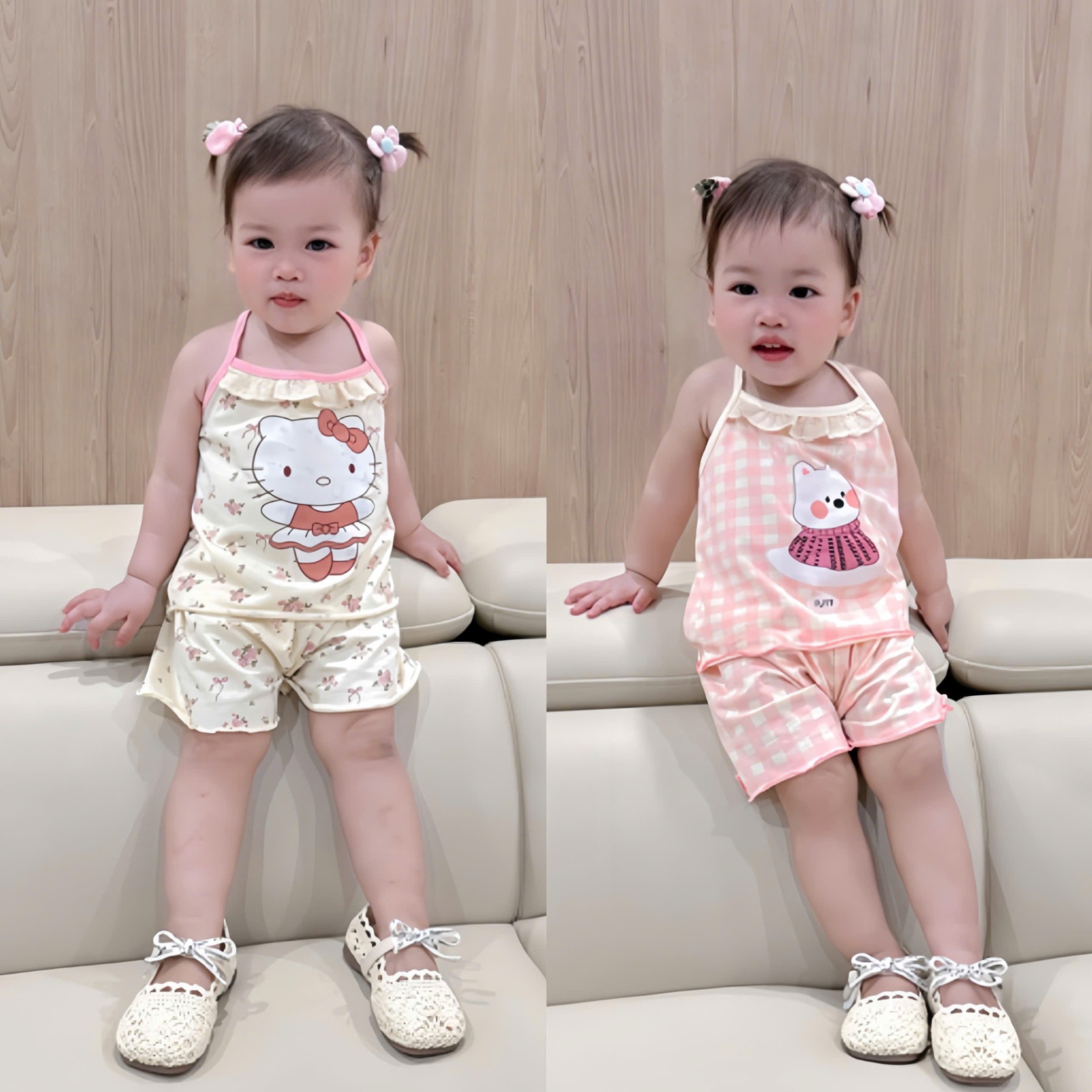 A916 - SET 2 BỘ 2 DÂY KITTY GẤU BE CARO HỒNG