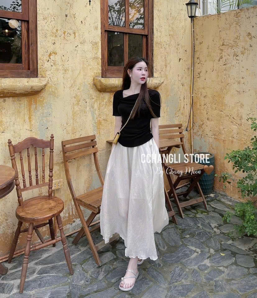 B482 - (GOM)SET ÁO ZIP ĐEN CHÂN VÁY TƠ DÀI
