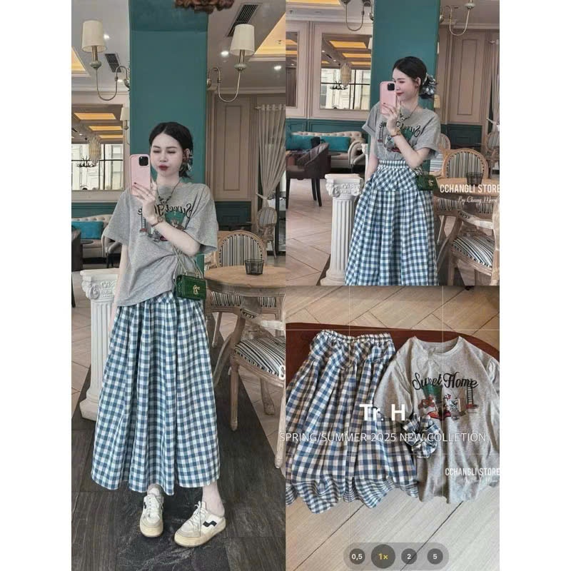 A100 - SET BỘ SWEET HOME XÁM VÁY CA RÔ XANH