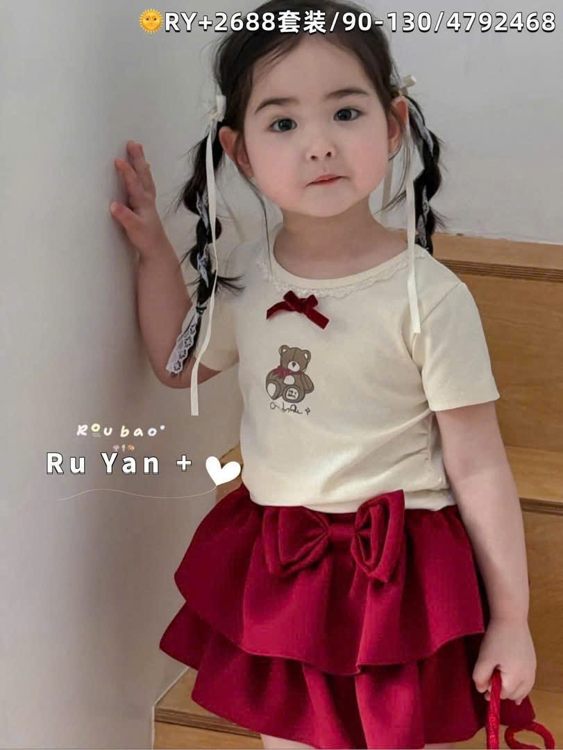 B124 - SET ÁO BE GẤU ĐÍNH NƠ CỔ CV ĐỎ PHỐI NƠ