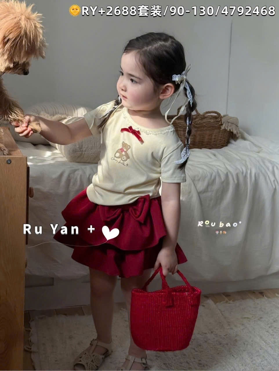 B124 - SET ÁO BE GẤU ĐÍNH NƠ CỔ CV ĐỎ PHỐI NƠ