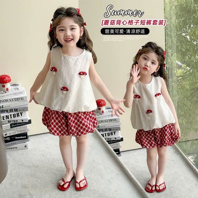 A196 - SET BỘ ĐŨI TRẮNG KEM PHỐI NẤM NỔI QUẦN BÌ KẺ ĐỎ