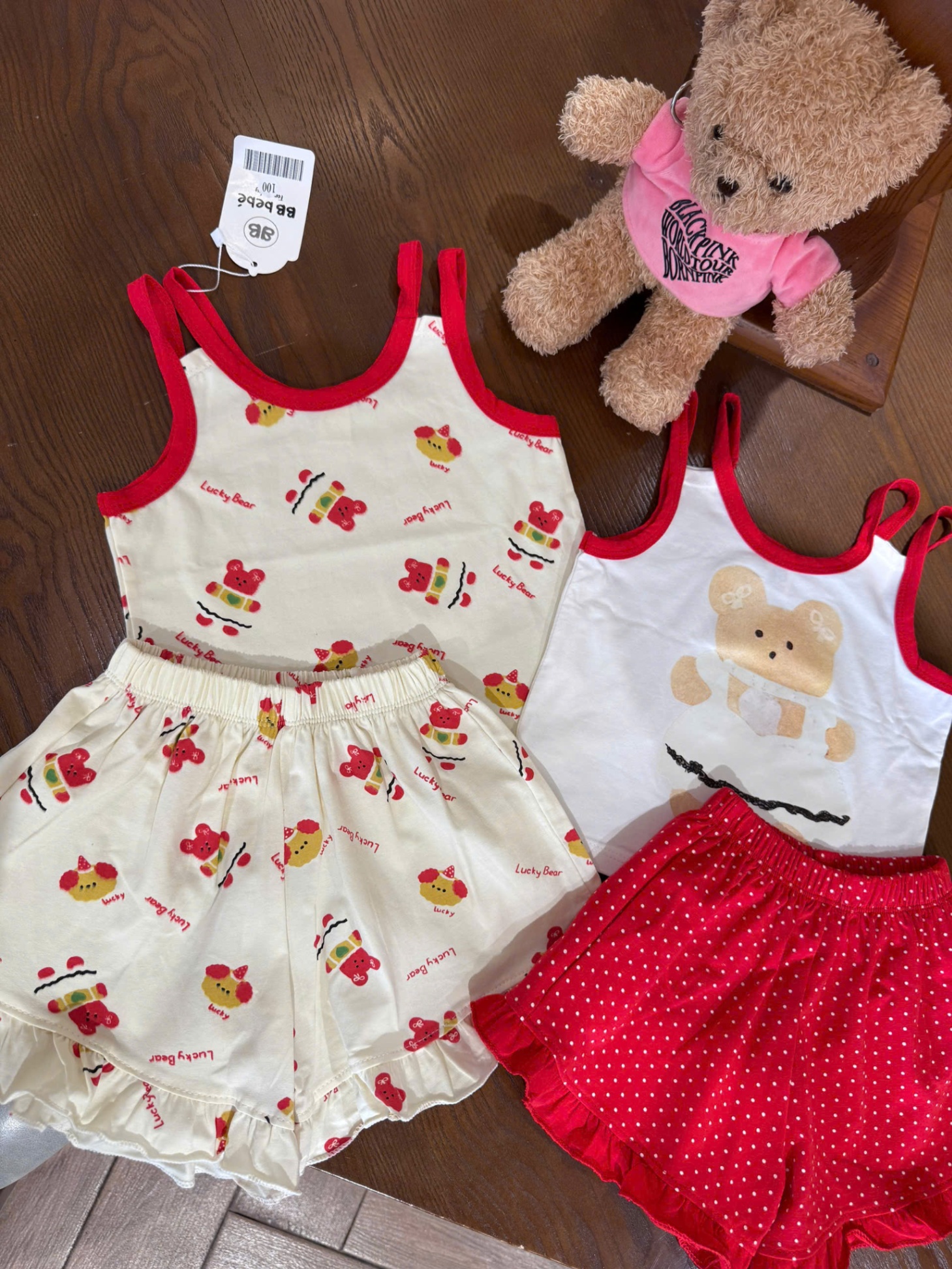 B254 - SET 2 BỘ GẤU LUCKY BEAR 2 DÂY VIỀN ĐỎ