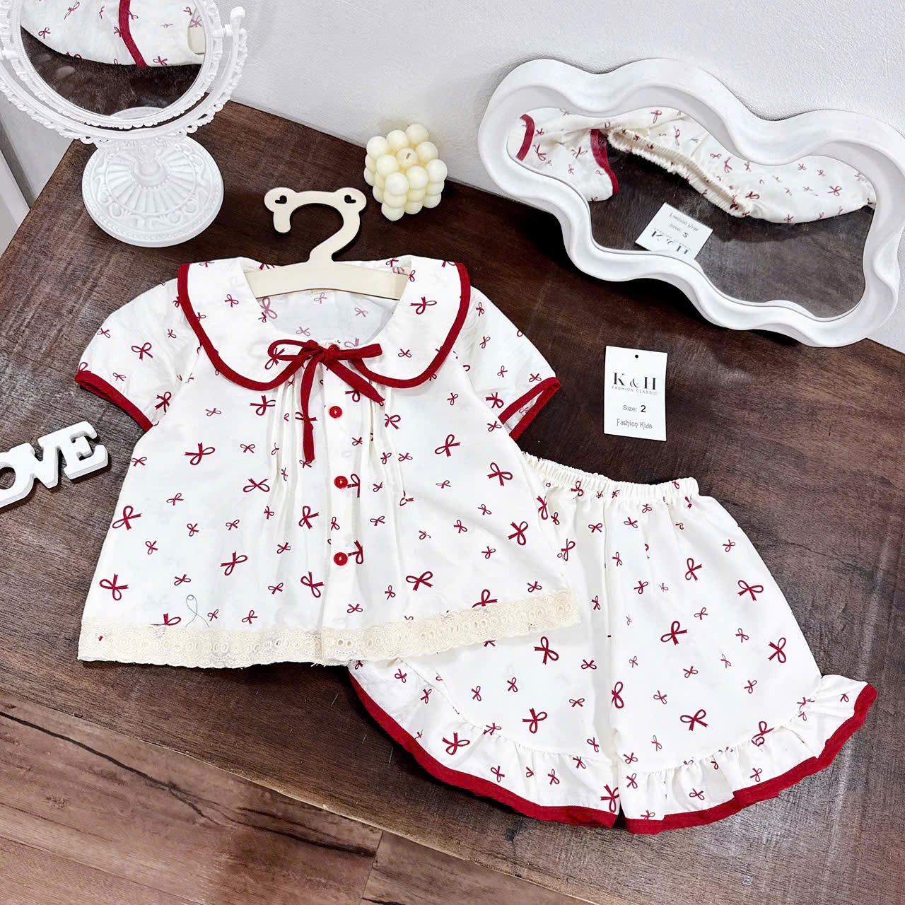 XẢ C185 - SET BỘ TRẮNG BÈO NƠ NHÍ PHỐI VIỀN ĐỎ